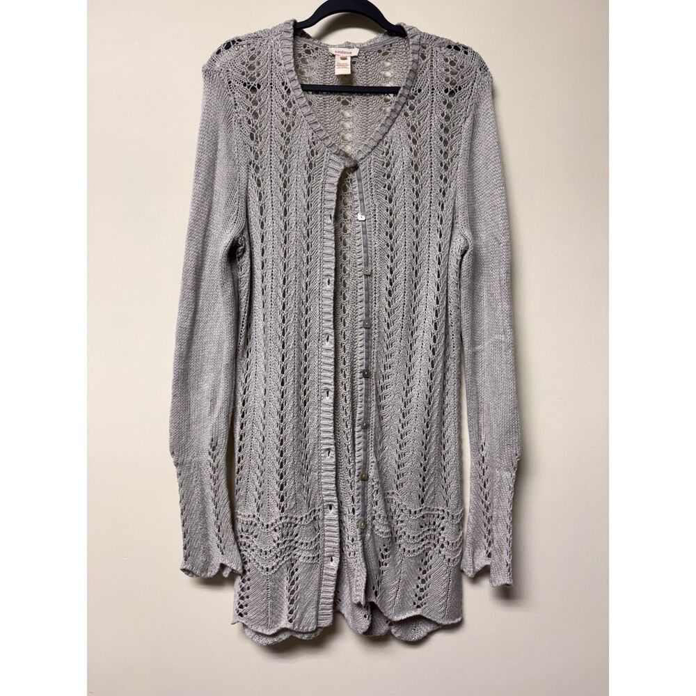 SUNDANCE Gray Merino Wool/Alpaca Blend 3/4 Length Pointelle Knit Cardigan, Sz L